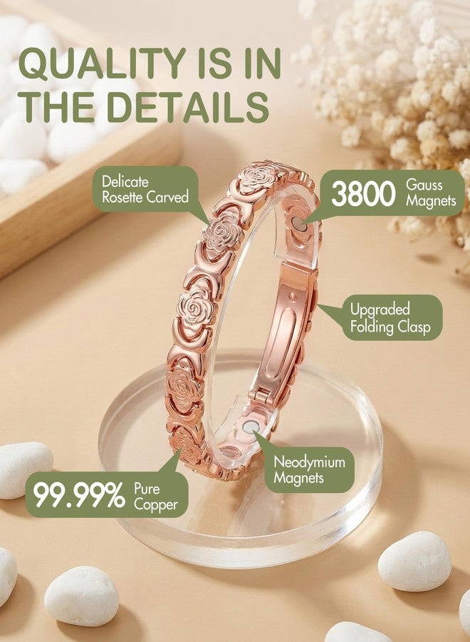 Feraco Pure Copper Bracelets for Women, Ultra Strength Magnetic Bracelet for Women with 3800 Gauss Magnet, Adjustable Flower Real Copper Jewelry Gift with Infinite Rose-Engraved (Rose Gold) - Image 4